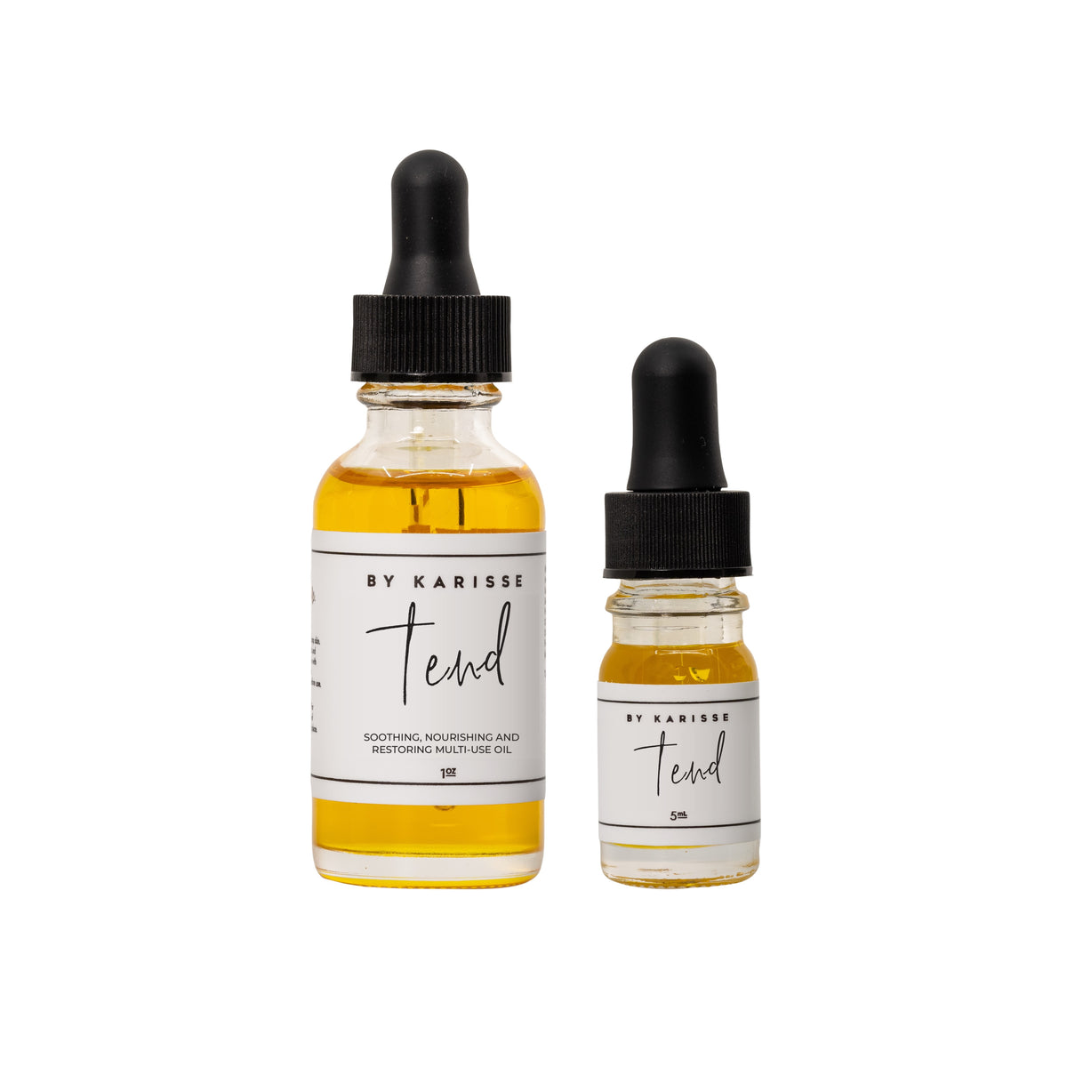 Tend Healing Oil, 1 oz dropper bottle next to the 5 mL sample size